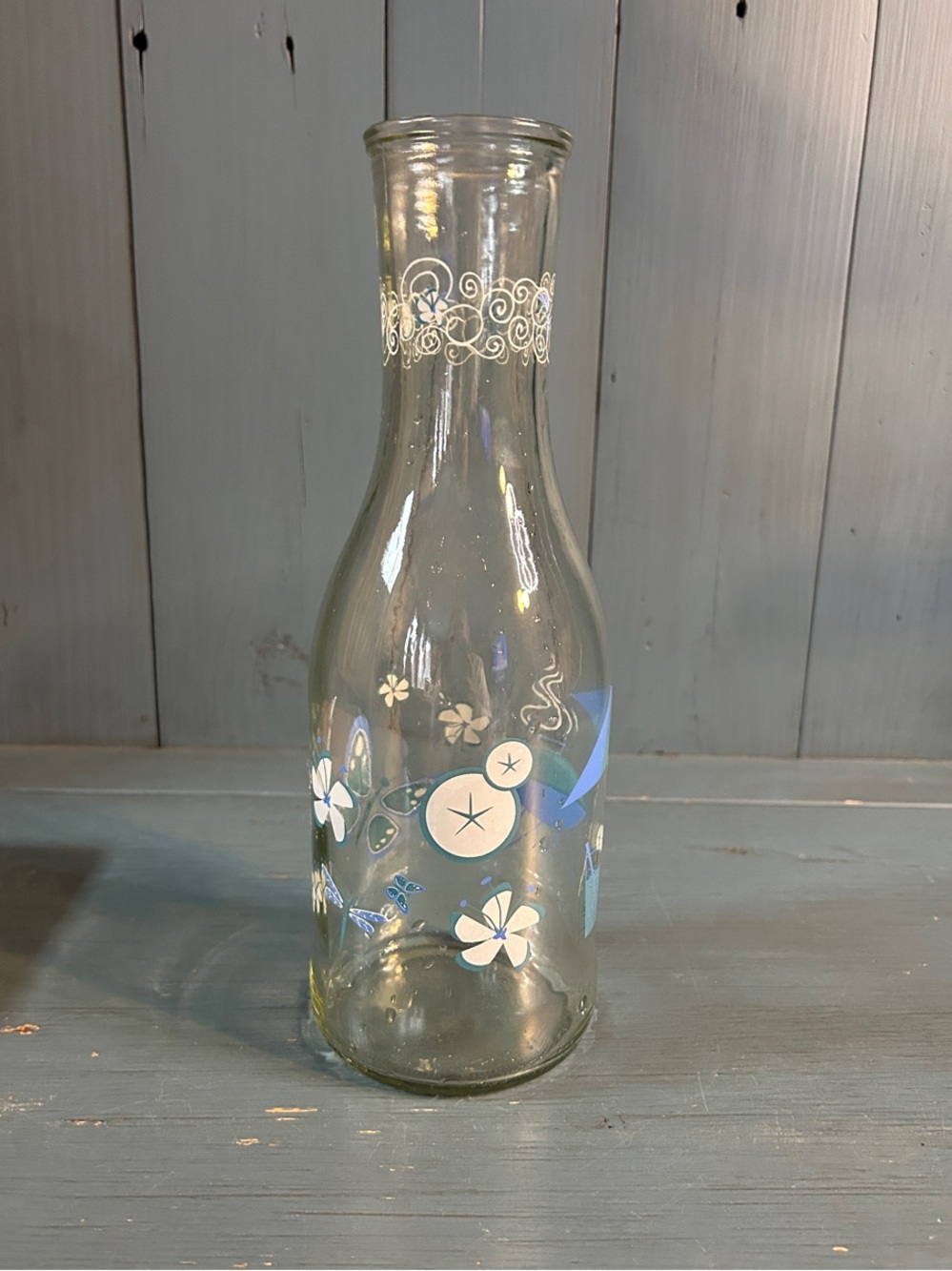 Vintage Paul Masson Glass Carafe - Blue & White Motif | Mid Century Modern 11”